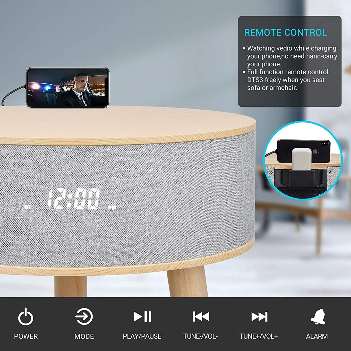 DTS4 Wireless Charging Table, Night Stand, Coffee Table, Sofa Table, End Table with Wireless Charging, Bluetooth Speaker, Night Light, for Living Room/Reception Room/Office - White Oak