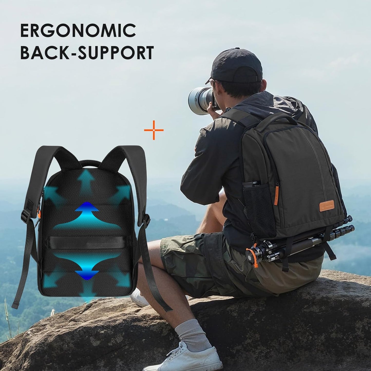 Camera Backpack Waterproof Camera Bag Large Capacity Camera Case Photography Backpack with 15In Laptop Compartment Rain Cover for Men Women Photographer DSLR SLR Cameras Lens Tripod Black TB-02