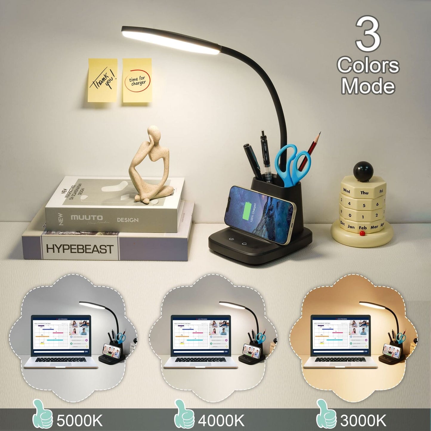 Desk Lamp, LED Desk Lamps for Home Office, Wireless Charger Small Desk Lamp W...