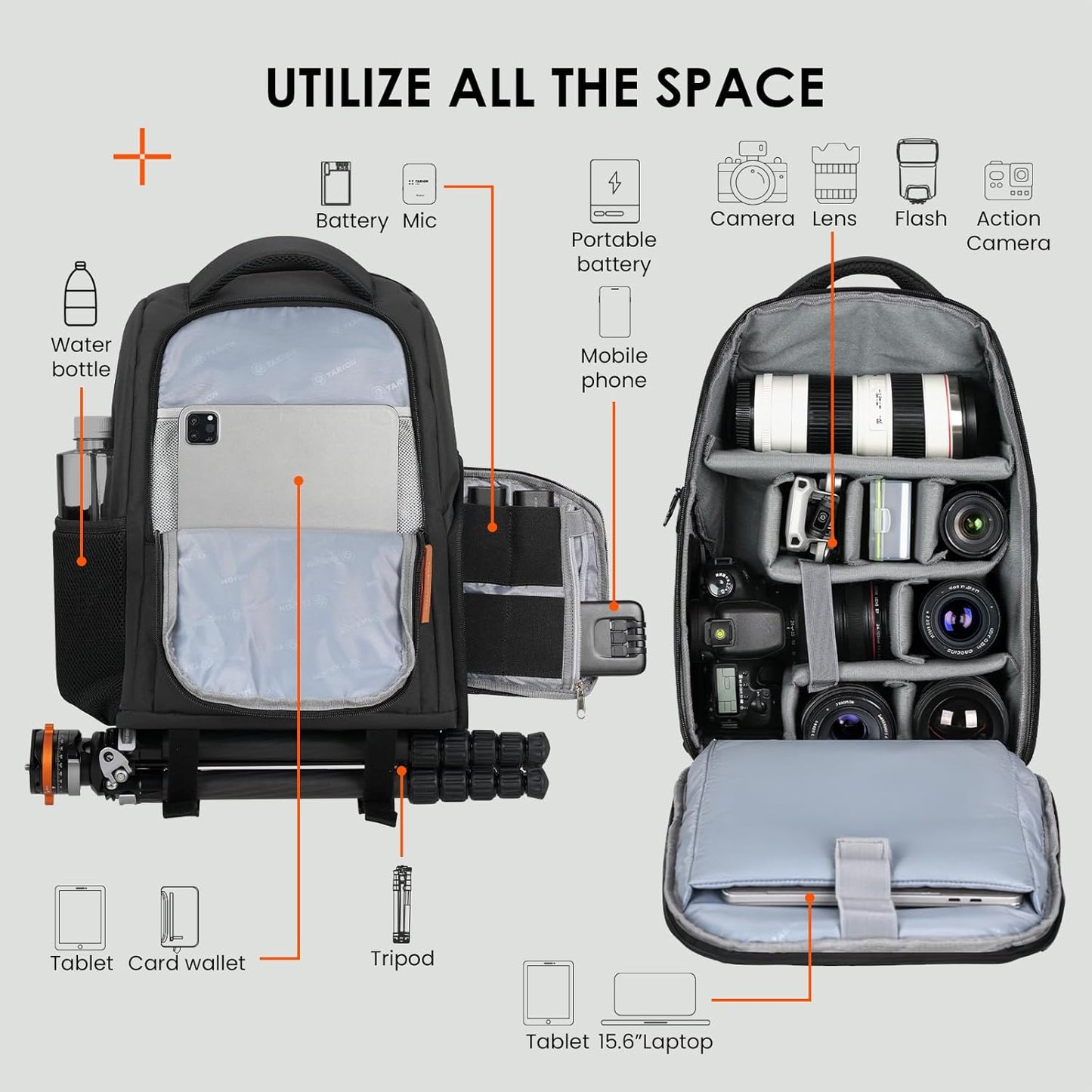 Camera Backpack Waterproof Camera Bag Large Capacity Camera Case Photography Backpack with 15In Laptop Compartment Rain Cover for Men Women Photographer DSLR SLR Cameras Lens Tripod Black TB-02