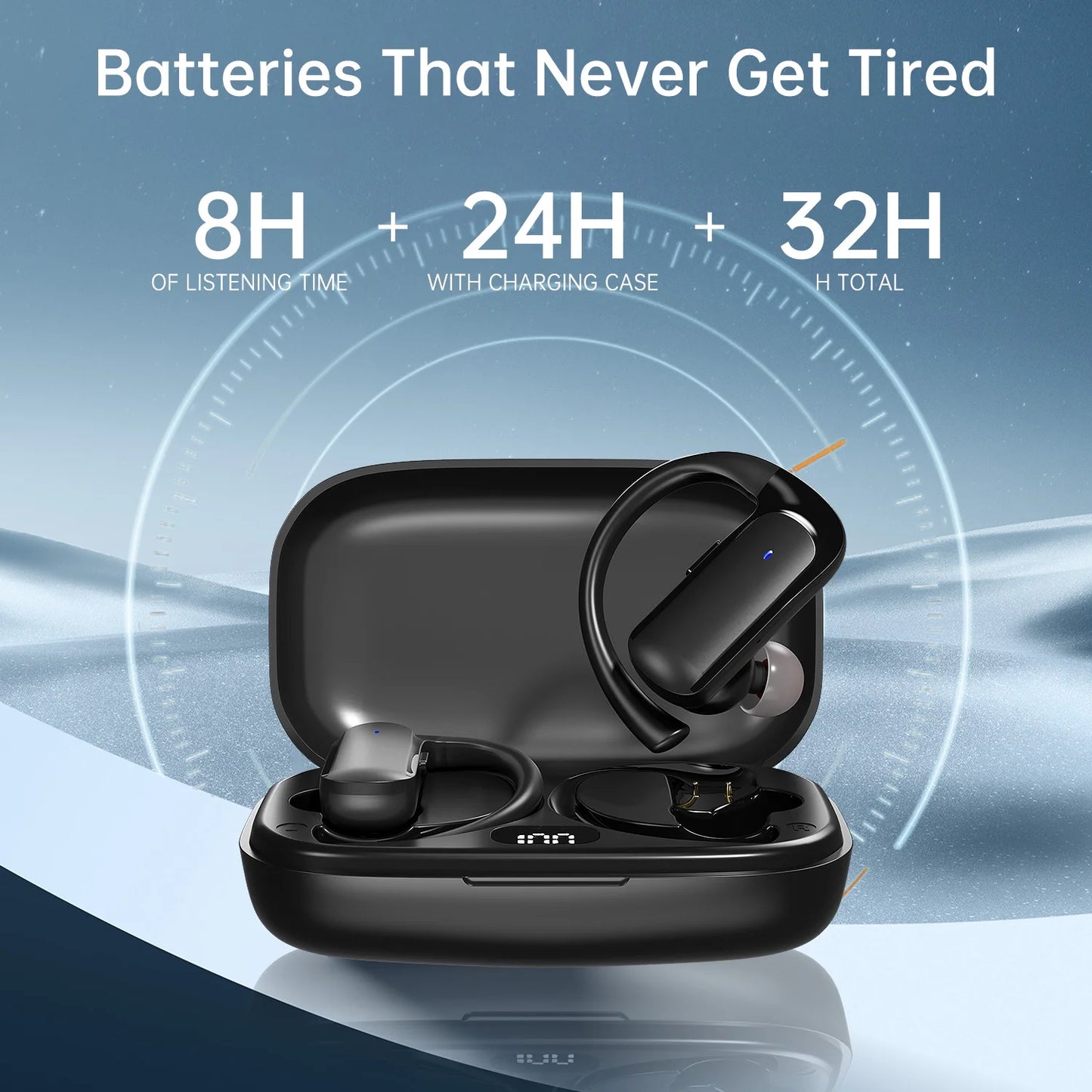 T60 Bluetooth Sport Headphones, Wireless Earbuds with LED Digital Display, 40 Hours of Playback Time, Bluetooth 5.3 for Earbuds, Premium Sound for Running, Sports, Gym, Black