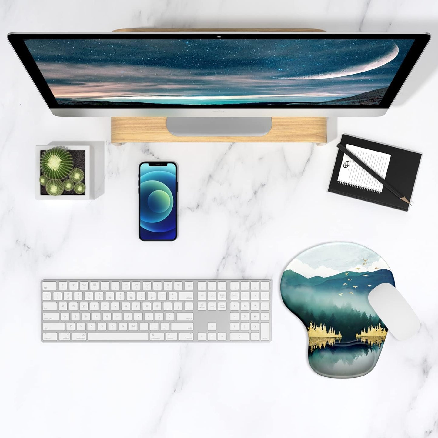 Ergonomic Mouse Pad with Gel Wrist Support Wrist Rest Smooth Surface Non-Slip PU Base Comfortable Office Supplies Pain Relief, 9.5 X 8 Inches, Landscape Forest