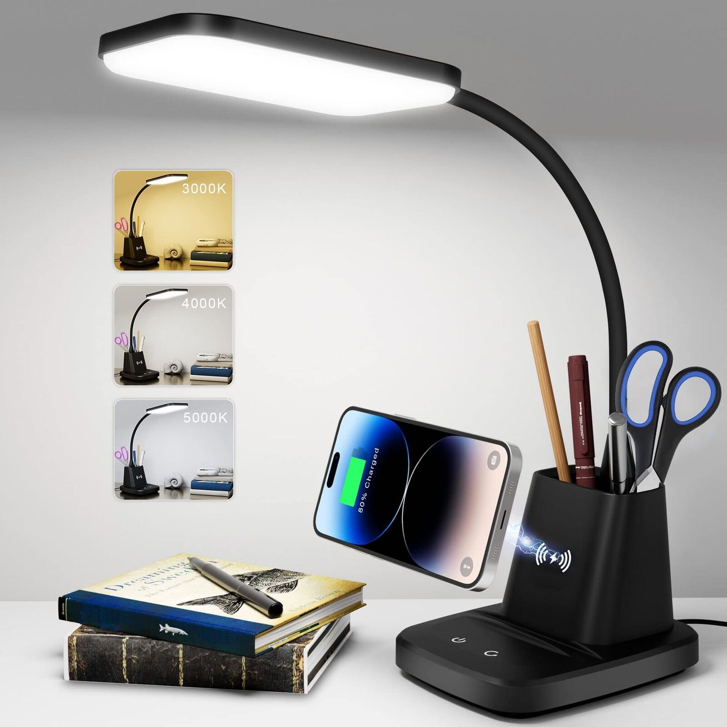 Desk Lamp, LED Desk Lamps for Home Office, Wireless Charger Small Desk Lamp W...
