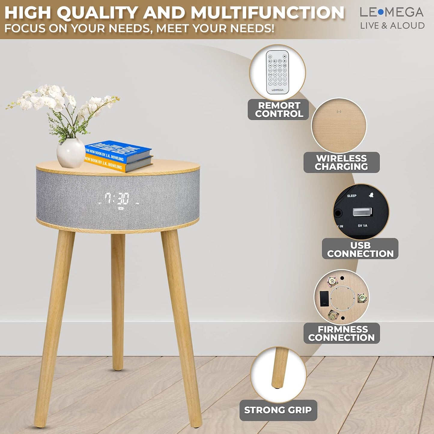 DTS4 Wireless Charging Table, Night Stand, Coffee Table, Sofa Table, End Table with Wireless Charging, Bluetooth Speaker, Night Light, for Living Room/Reception Room/Office - White Oak