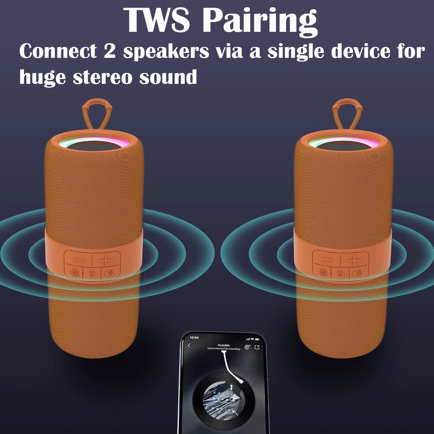 Portable Bluetooth Speaker with Deep Bass Basser, Wireless Stereo Sound Bluetooth Speaker with 5.3,IP67 Waterproof,Tws Pairing for Home Party Outdoor(Orange)