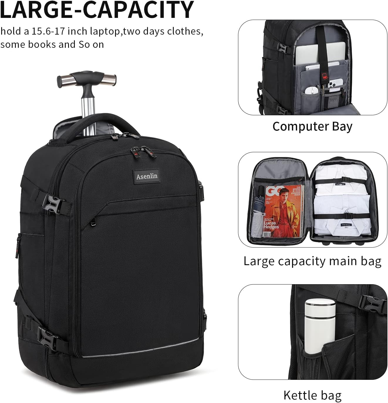 40L Rolling Backpack for Travel,Water Resistant Wheeled Laptop Backpack for Business,Fits 15.6-17 Inch Notebook,Durable Roller Computer Backpack for Women Men,Black