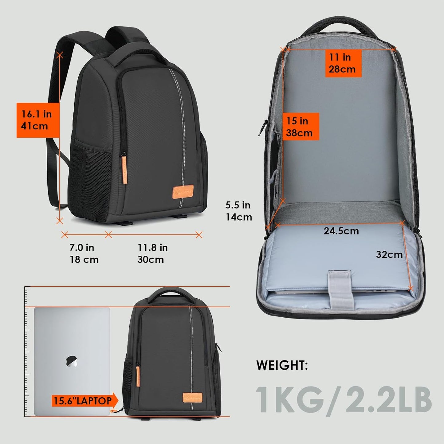 Camera Backpack Waterproof Camera Bag Large Capacity Camera Case Photography Backpack with 15In Laptop Compartment Rain Cover for Men Women Photographer DSLR SLR Cameras Lens Tripod Black TB-02