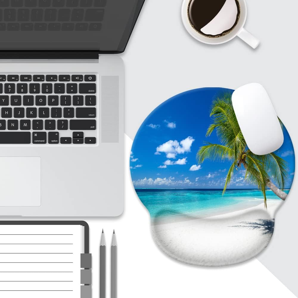 Mouse Pad with Wrist Rest Support,Cute Custom Gaming Made Non Slip Rubber Base Mousepad, Ergonomic Mouse Wrist Rest Pad Computer Laptop Mousepad (Beach and Coconut Trees), 250Mmx230Mmx5Mm