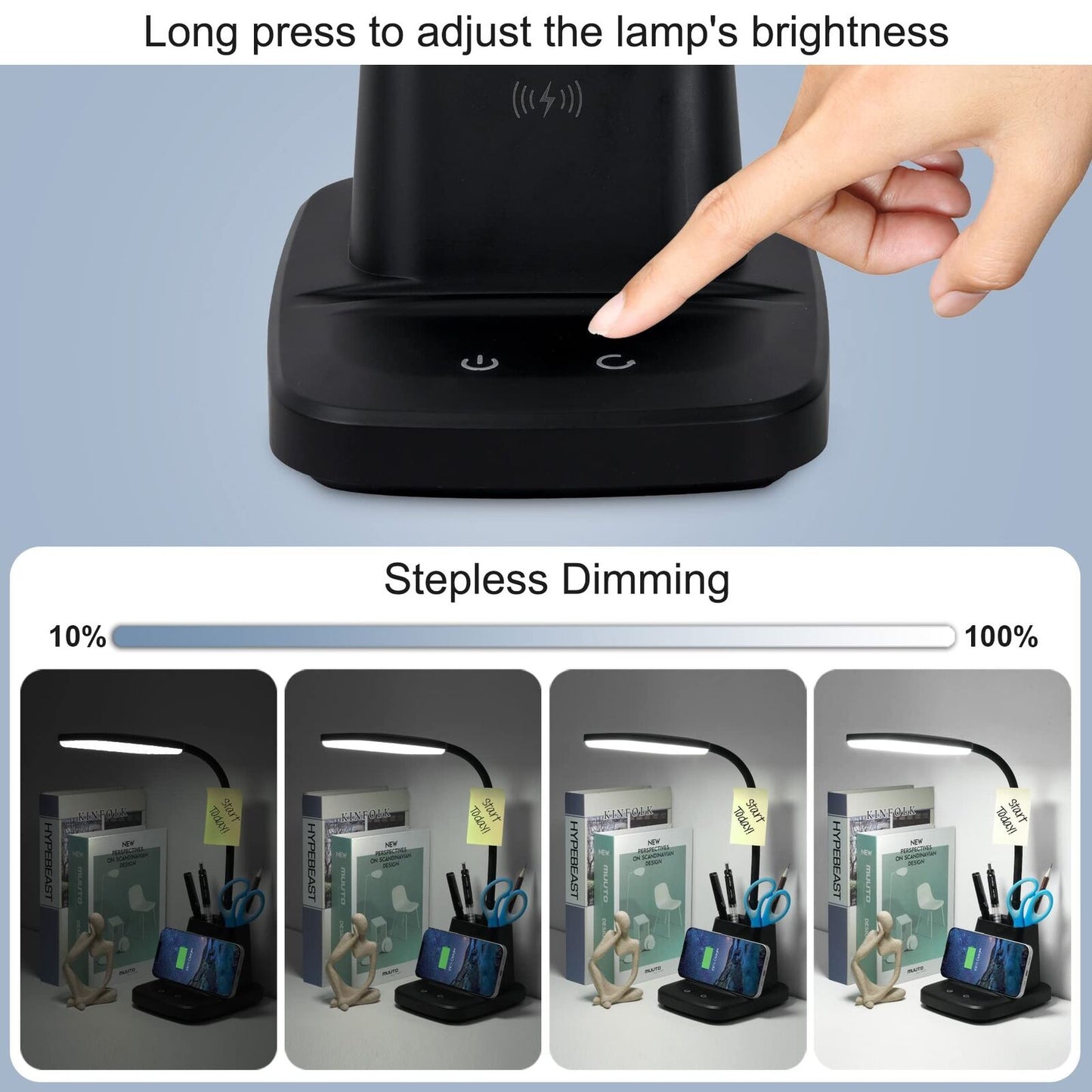 Desk Lamp, LED Desk Lamps for Home Office, Wireless Charger Small Desk Lamp W...