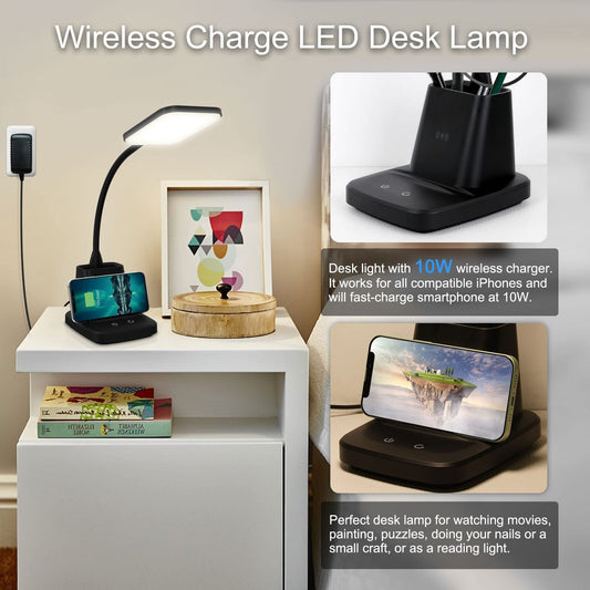 Desk Lamp, LED Desk Lamps for Home Office, Wireless Charger Small Desk Lamp W...