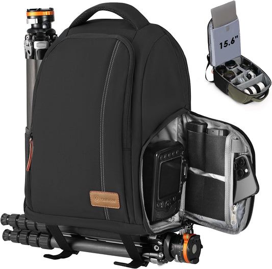 Camera Backpack Waterproof Camera Bag Large Capacity Camera Case Photography Backpack with 15In Laptop Compartment Rain Cover for Men Women Photographer DSLR SLR Cameras Lens Tripod Black TB-02