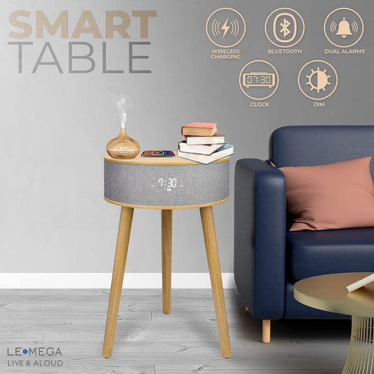 DTS4 Wireless Charging Table, Night Stand, Coffee Table, Sofa Table, End Table with Wireless Charging, Bluetooth Speaker, Night Light, for Living Room/Reception Room/Office - White Oak