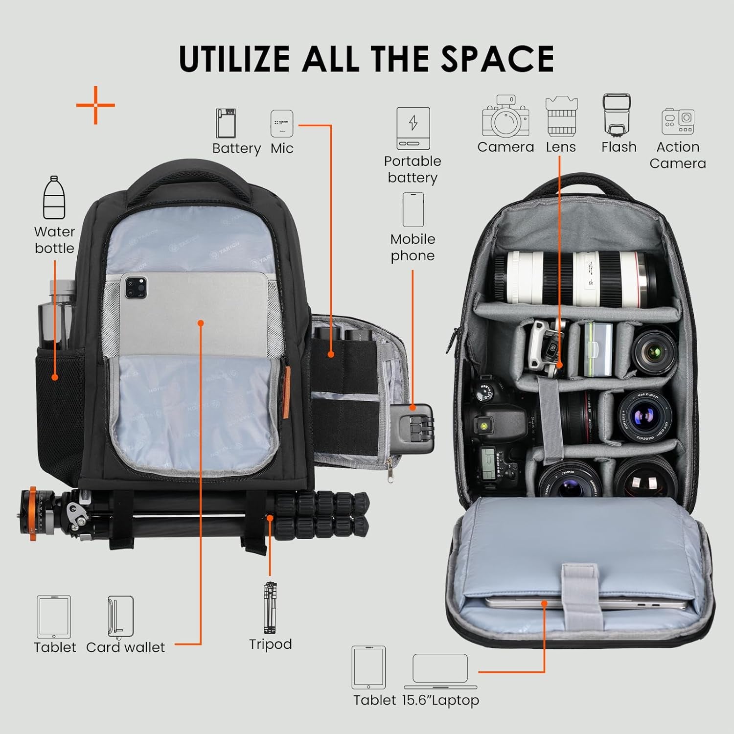 Camera Backpack Waterproof Camera Bag Large Capacity Camera Case Photography Backpack with 15In Laptop Compartment Rain Cover for Men Women Photographer DSLR SLR Cameras Lens Tripod Black TB-02