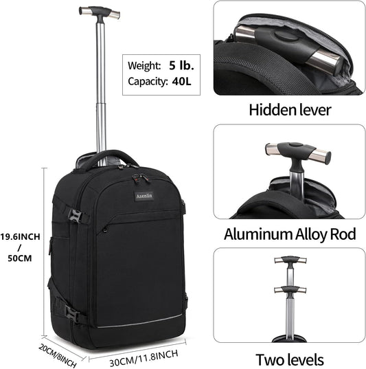 40L Rolling Backpack for Travel，Water Resistant Wheeled Laptop Backpack for Business，Fits 15.6-17 Inch Notebook，Durable Roller Computer Backpack for Women Men，Black