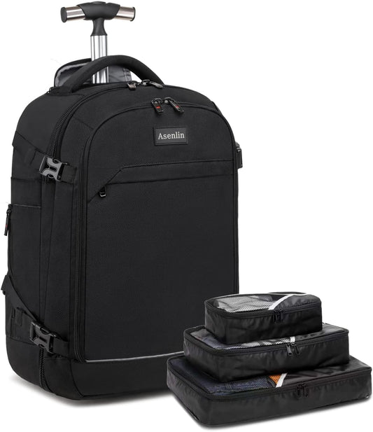 40L Rolling Backpack for Travel，Water Resistant Wheeled Laptop Backpack for Business，Fits 15.6-17 Inch Notebook，Durable Roller Computer Backpack for Women Men，Black
