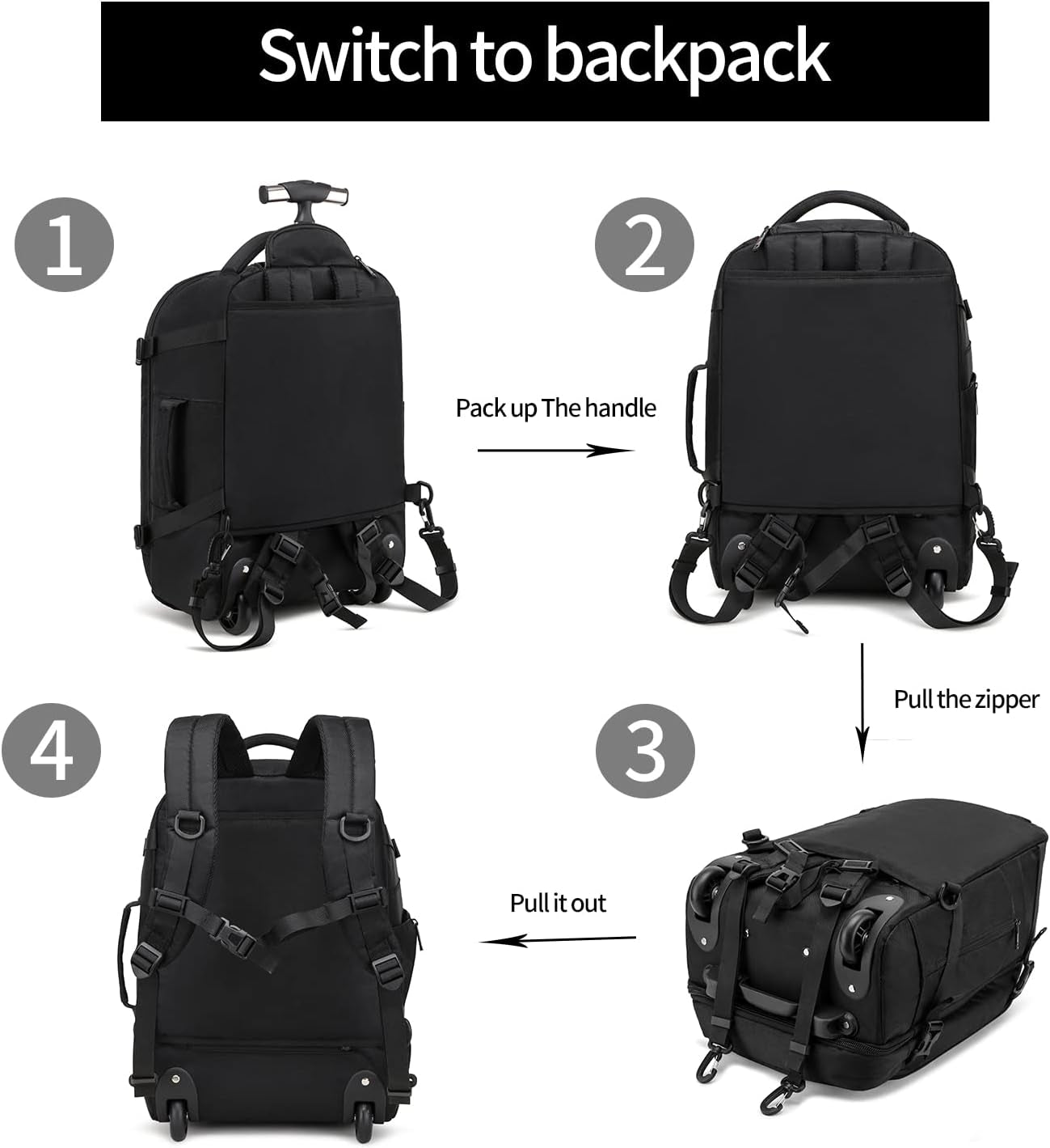 40L Rolling Backpack for Travel，Water Resistant Wheeled Laptop Backpack for Business，Fits 15.6-17 Inch Notebook，Durable Roller Computer Backpack for Women Men，Black
