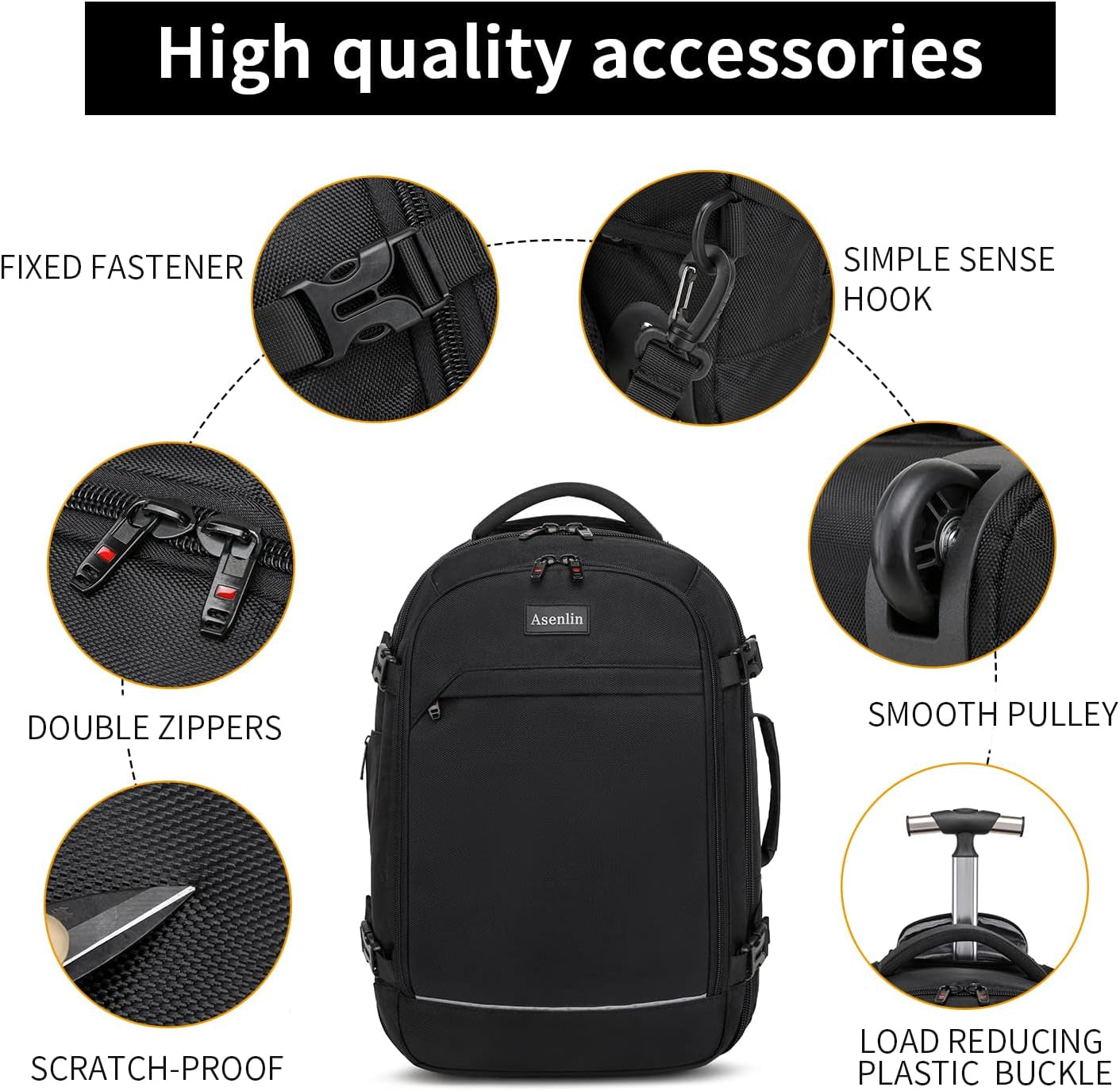 40L Rolling Backpack for Travel，Water Resistant Wheeled Laptop Backpack for Business，Fits 15.6-17 Inch Notebook，Durable Roller Computer Backpack for Women Men，Black