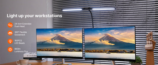 LED Desk Lamp with Clamp Double Head Desk Lamp with Adjustable Gooseneck